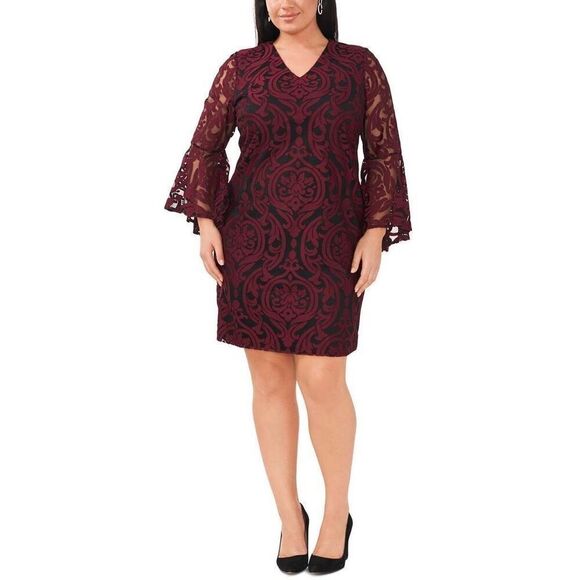 MSK Women’s Size 14 Petite Bell Sleeve sheer Overlay Dress Burgundy Knee Length - Picture 1 of 12